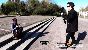 Lustful redhead angel cums in mouth outside