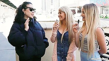 Lesbian Teens Pick Up Hot Milf for Street Pussy Play