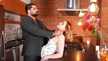 A couple has sex right in the middle of the kitchen with Nina Rox